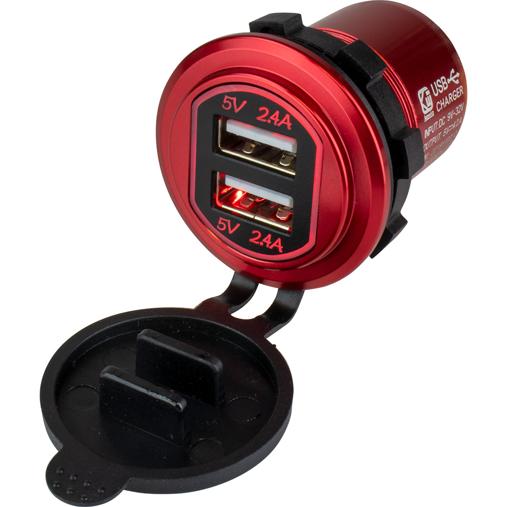 Image 2: Sea-Dog Round Red Dual USB Charger w/1 Quick Charge Port +