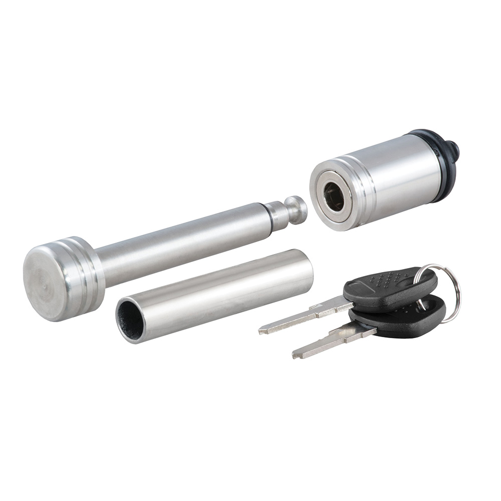 Image 1: CURT 1/2" Hitch Lock w/5/8" Adapter - 1-1/4" or 2" Receiver - Barbell- Stainless Steel