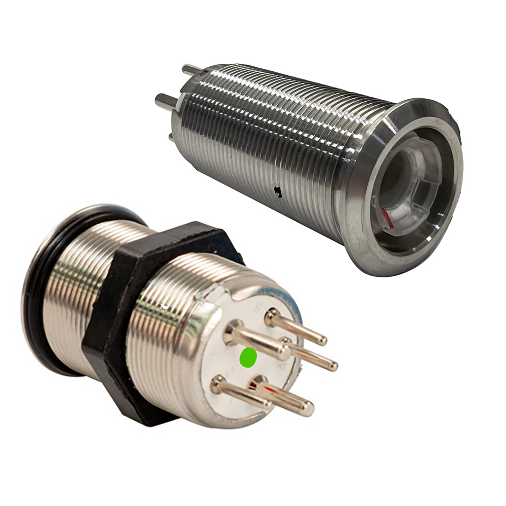 Image 1: Bluewater 22mm Inrush Push Button Switch Momentary Off(On)(On) - Blue/Red/Green LED - Switch Body Only