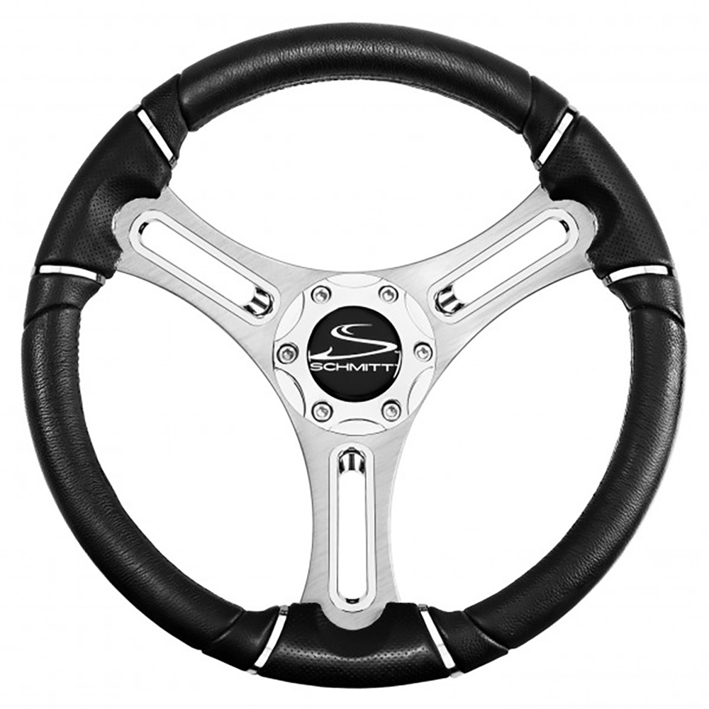 Image 1: Schmitt Marine Torcello 14" Wheel - 04 Series - Polyurethane Wheel w/Chrome Trim & Cap - Brushed Spokes - 3/4" Tapered Shaft