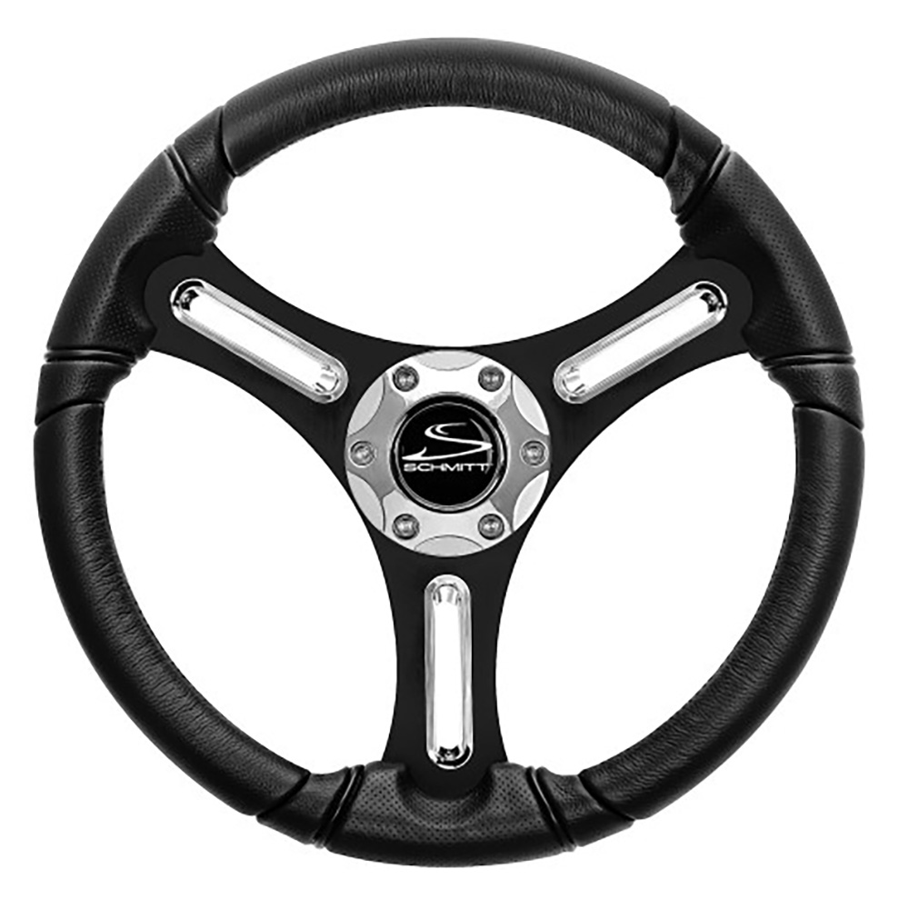 Image 1: Schmitt Marine Torcello 14" Wheel - 03 Series - Polyurethane Wheel w/Chrome Spoke Inserts & Cap - Black Brushed Spokes - 3/4" - Retail Packaging