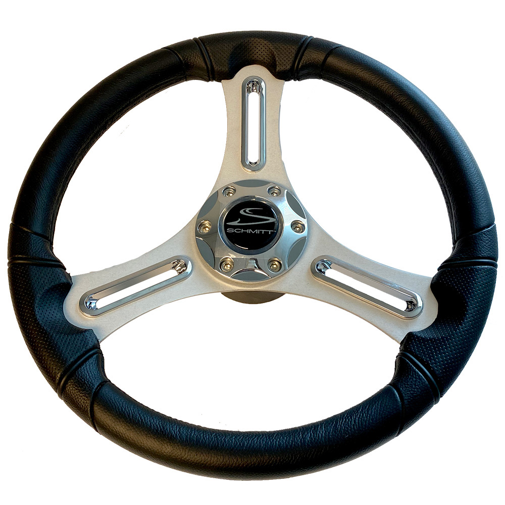 Image 1: Schmitt Marine Torcello 14" Wheel - 03 Series - Polyurethane Wheel w/Chrome Trim & Cap - Brushed Spokes - 3/4" Tapered Shaft - Retail Packaging