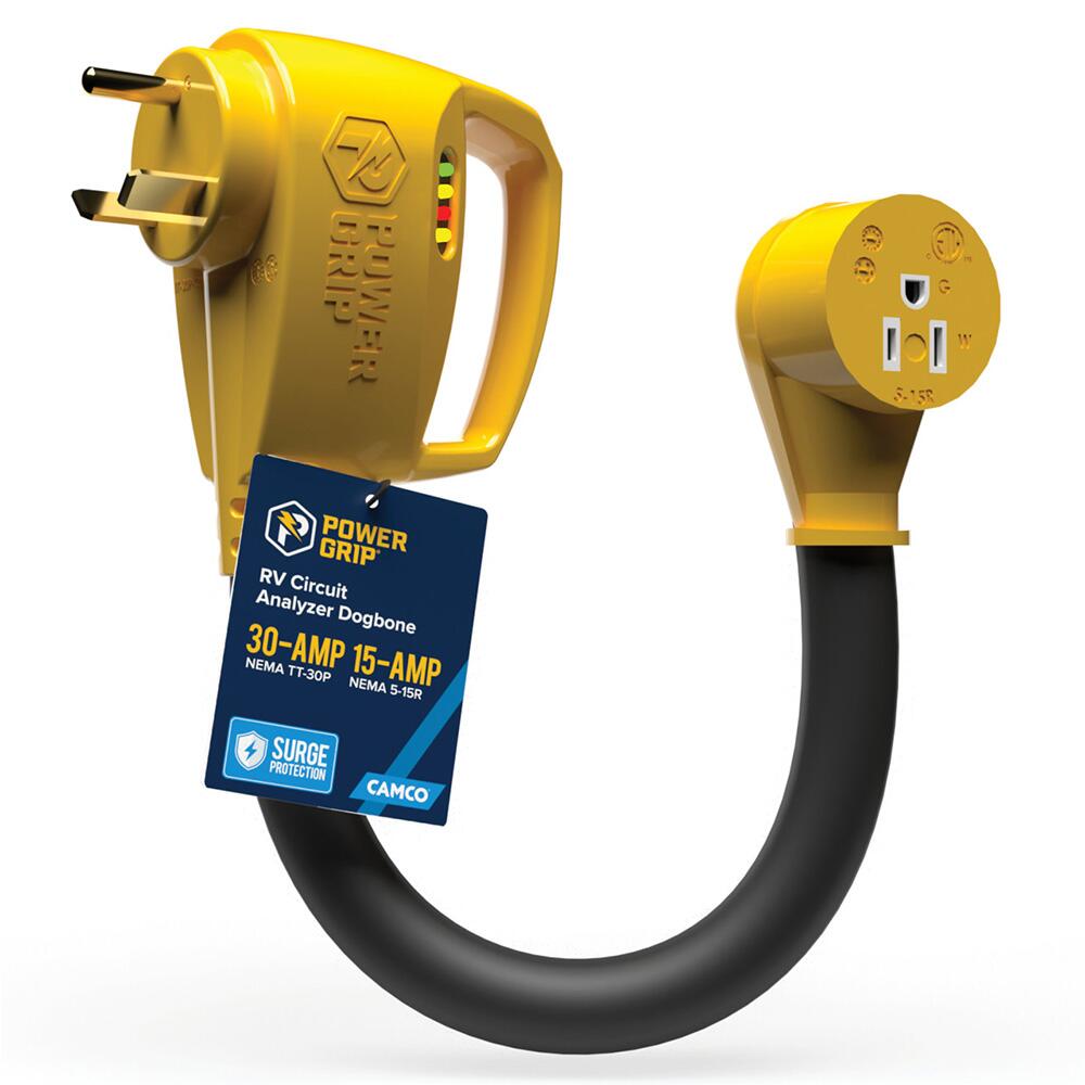 Image 1: Camco Power Grip RV 12" 30Amp Circuit Analyzer Dogbone - Integrated Surge Protection