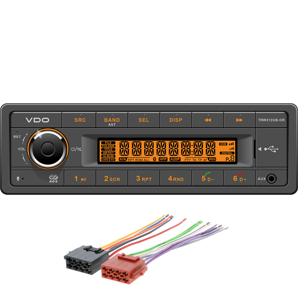 Image 1: VDO 12V Radio w/FM RDS Tuner MP3/WMA/USB/Bluetooth - Orange Illumination - Includes Power Speaker Wire Harness