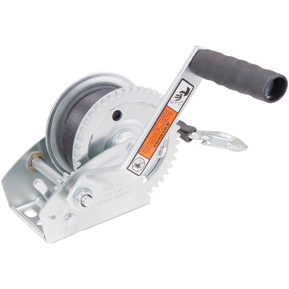 Image 1: Load Rite Single-Speed Trailer Winch - 1100lbs - 20' Strap - 7" Handle