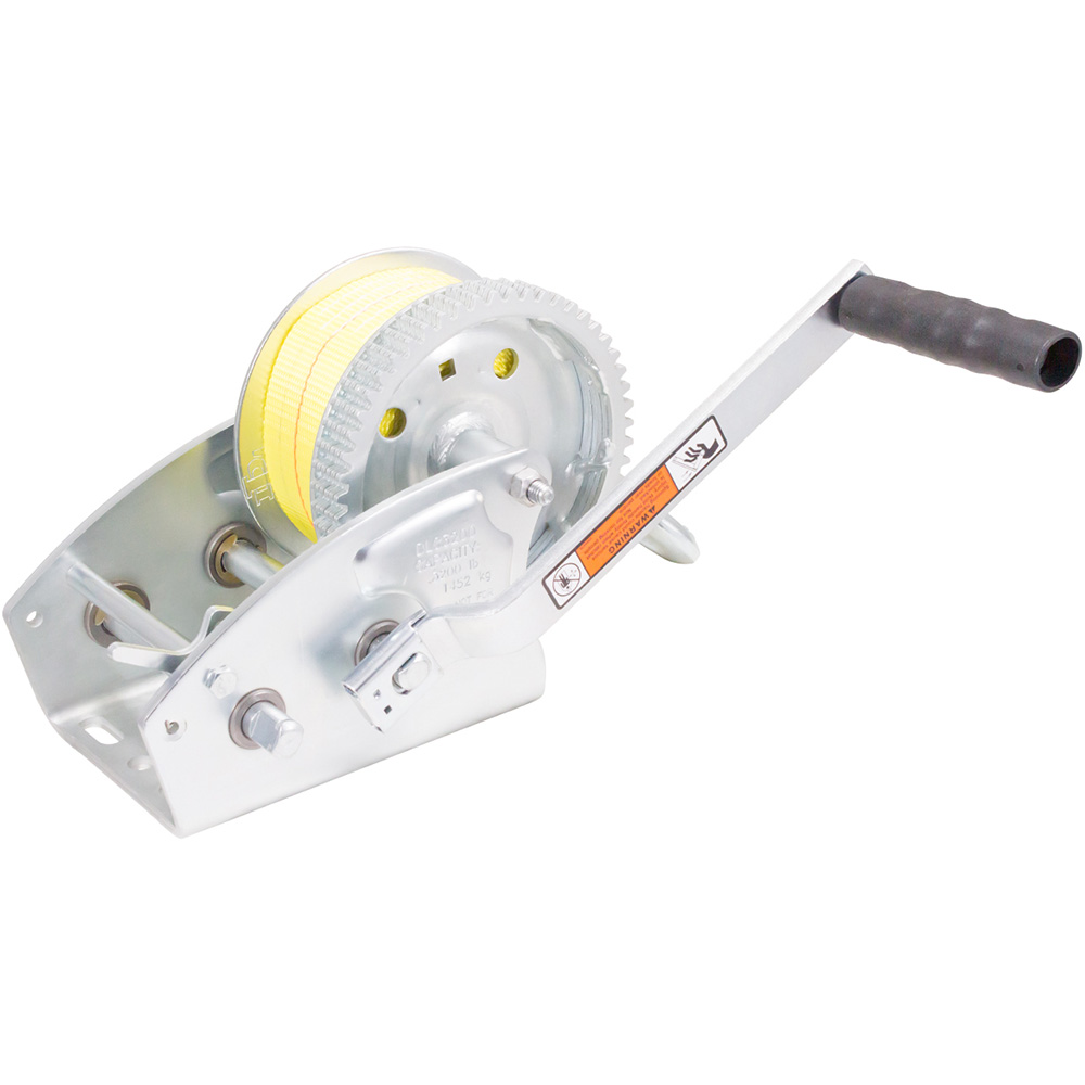Image 1: Load Rite Two-Speed Trailer Winch - 3200lbs - 25' Yellow Heavy Duty Strap