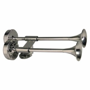 Image 1: Schmitt Marine Deluxe All-Stainless Shorty Dual Trumpet Horn - 12V