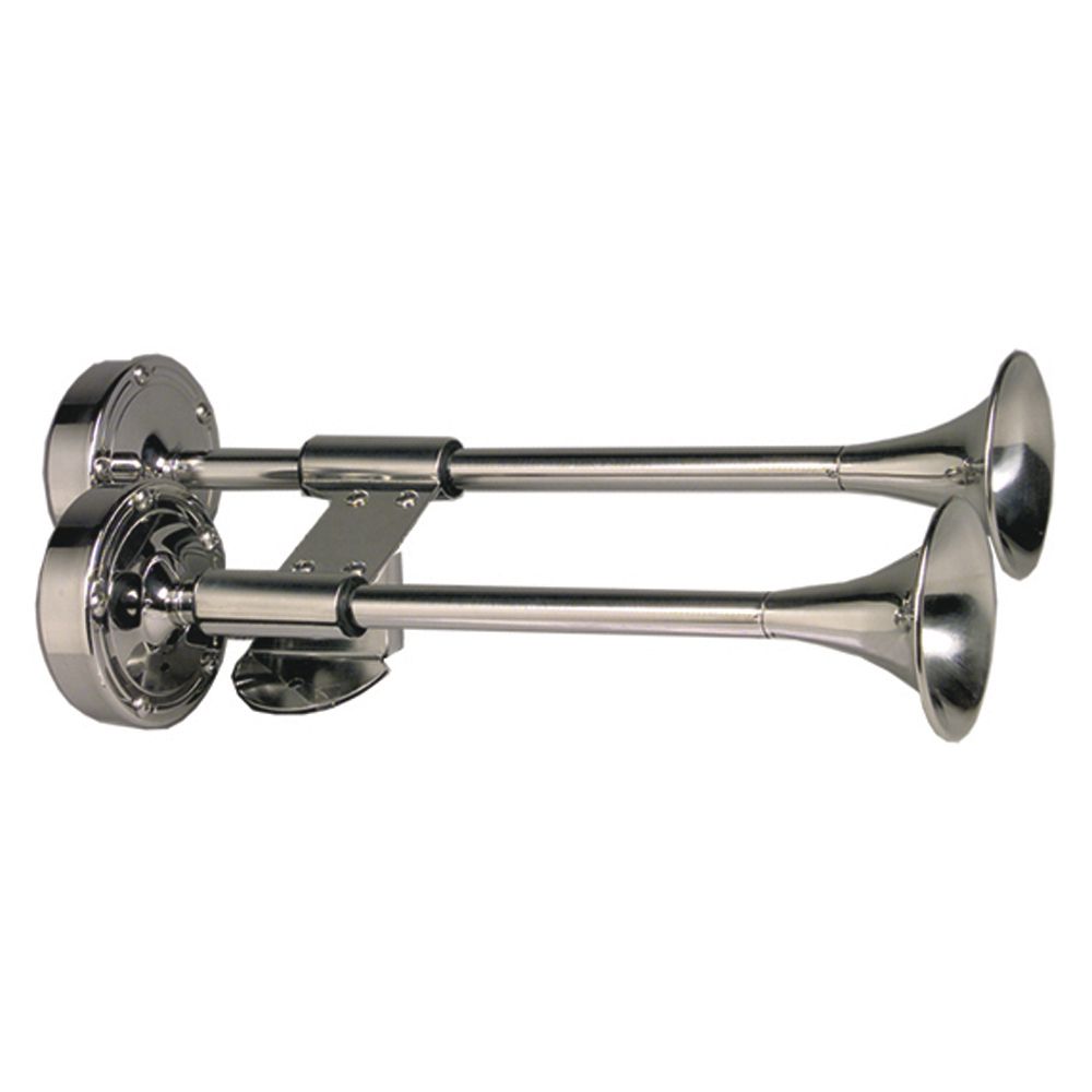 Image 1: Schmitt Marine Deluxe All-Stainless Shorty Dual Trumpet Horn - 12V