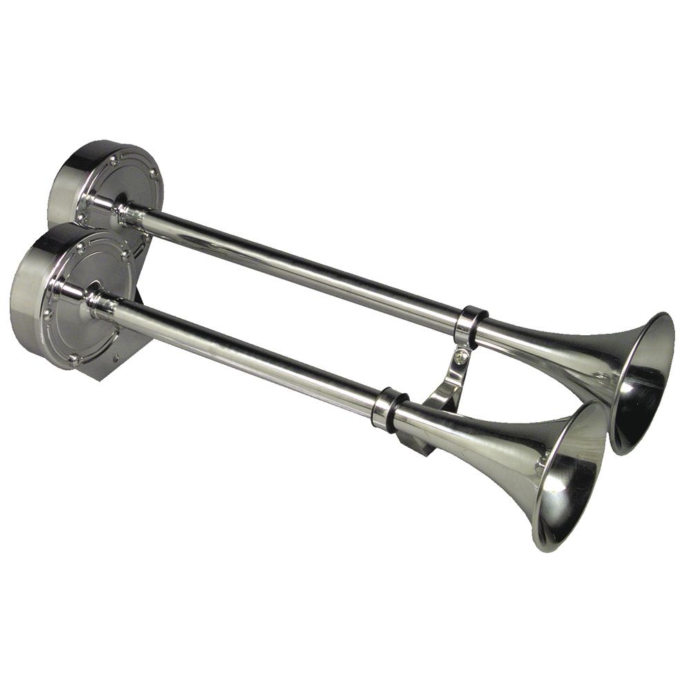Image 1: Schmitt Marine Deluxe All-Stainless Dual Trumpet Horn - 12V