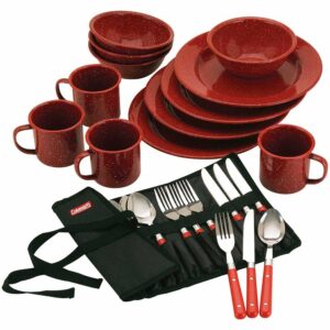 Image 1: Coleman 24-Piece Speckled Enamelware Cook Set - Red