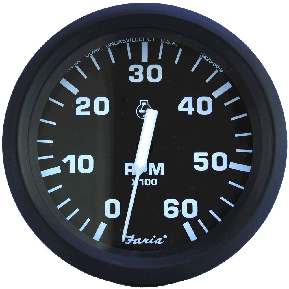 Image 1: Faria Euro Black 4" Tachometer - 6,000 RPM (Gas - Inboard & I/O)