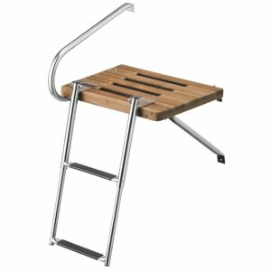 Image 1: Whitecap Teak Swim Platform w/2-Step Telescoping Ladder f/Boats w/Outboard Motors