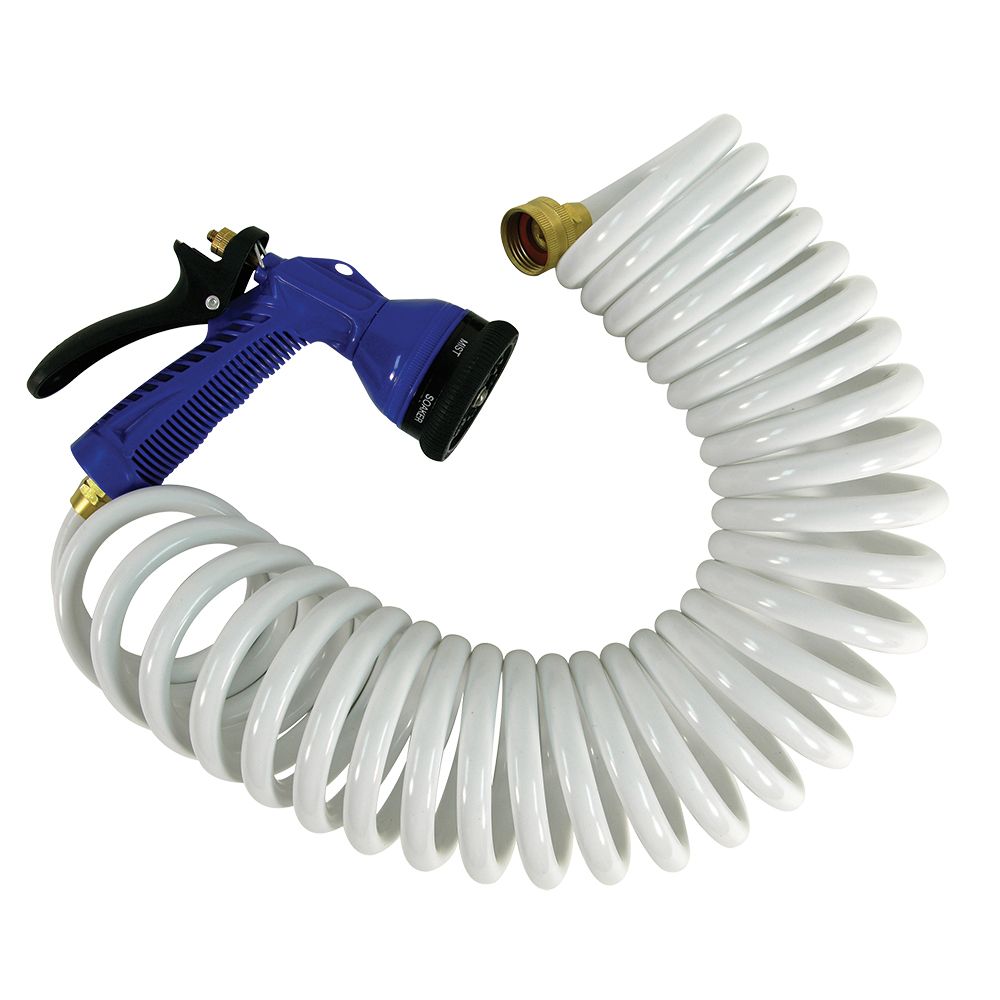 Image 1: Whitecap 15' White Coiled Hose w/Adjustable Nozzle