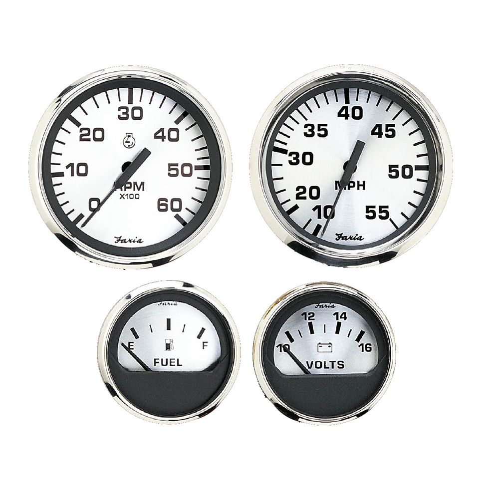 Image 1: Faria Spun Silver Box Set of 4 Gauges f/Outboard Engines - Speedometer, Tach, Voltmeter & Fuel Level