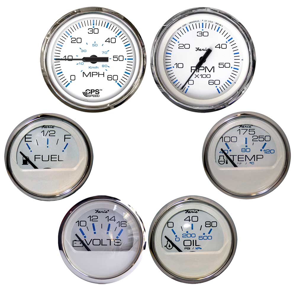 Image 1: Faria Chesapeake White w/Stainless Steel Bezel Boxed Set of 6 - Speed, Tach, Fuel Level, Voltmeter, Water Temperature & Oil PSI - Inboard Motors