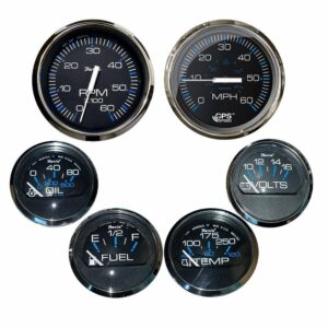 Image 1: Faria Chesapeake Black w/Stainless Steel Bezel Boxed Set of 6 - Speed, Tach, Fuel Level, Voltmeter, Water Temperature & Oil PSI - Inboard Motors 