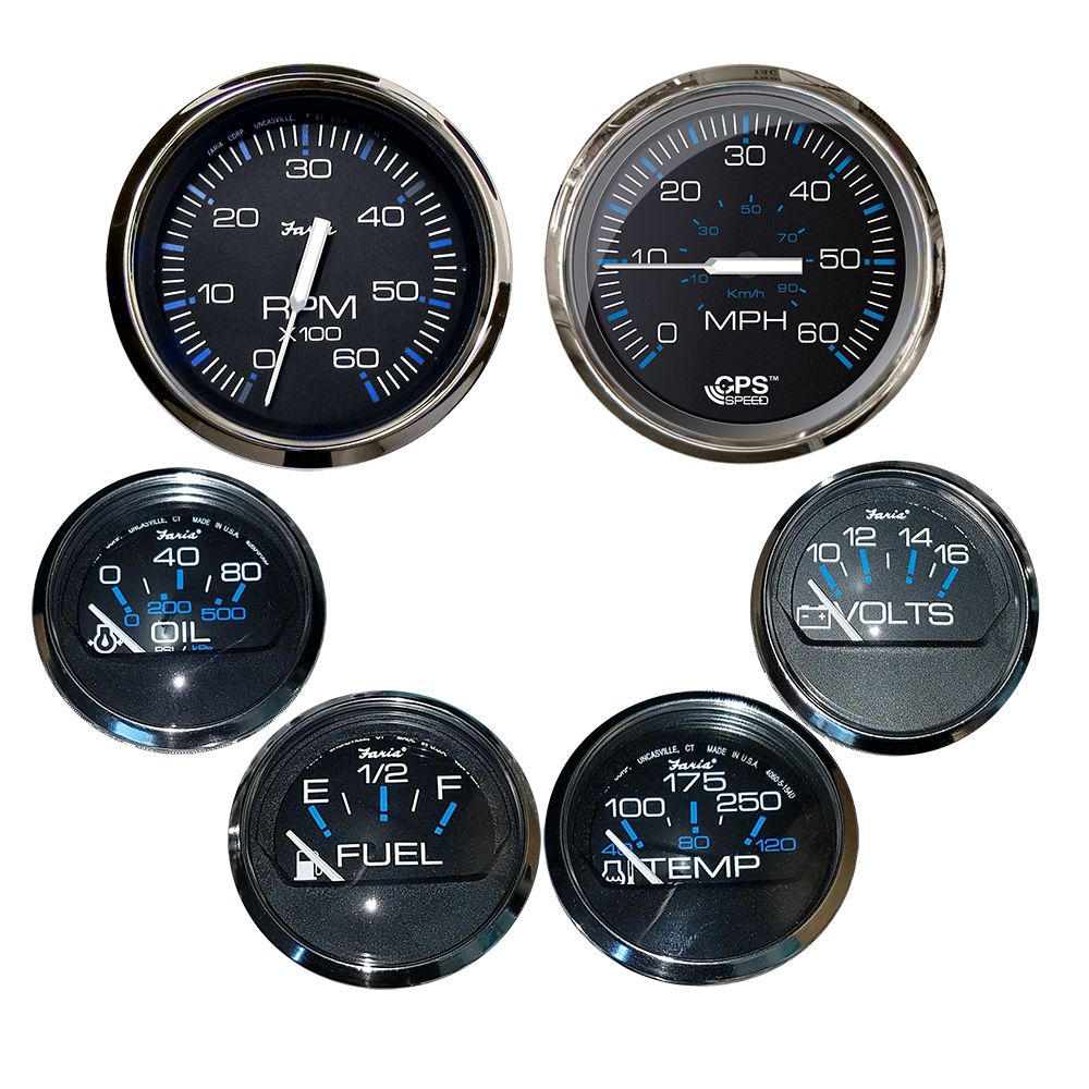 Image 1: Faria Chesapeake Black w/Stainless Steel Bezel Boxed Set of 6 - Speed, Tach, Fuel Level, Voltmeter, Water Temperature & Oil PSI - Inboard Motors