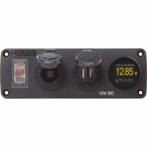 Image 1: Blue Sea 4366 Water Resistant USB Accessory Panel - Circuit Breaker, 12V Socket, Dual USB Charger, Mini Voltmeter