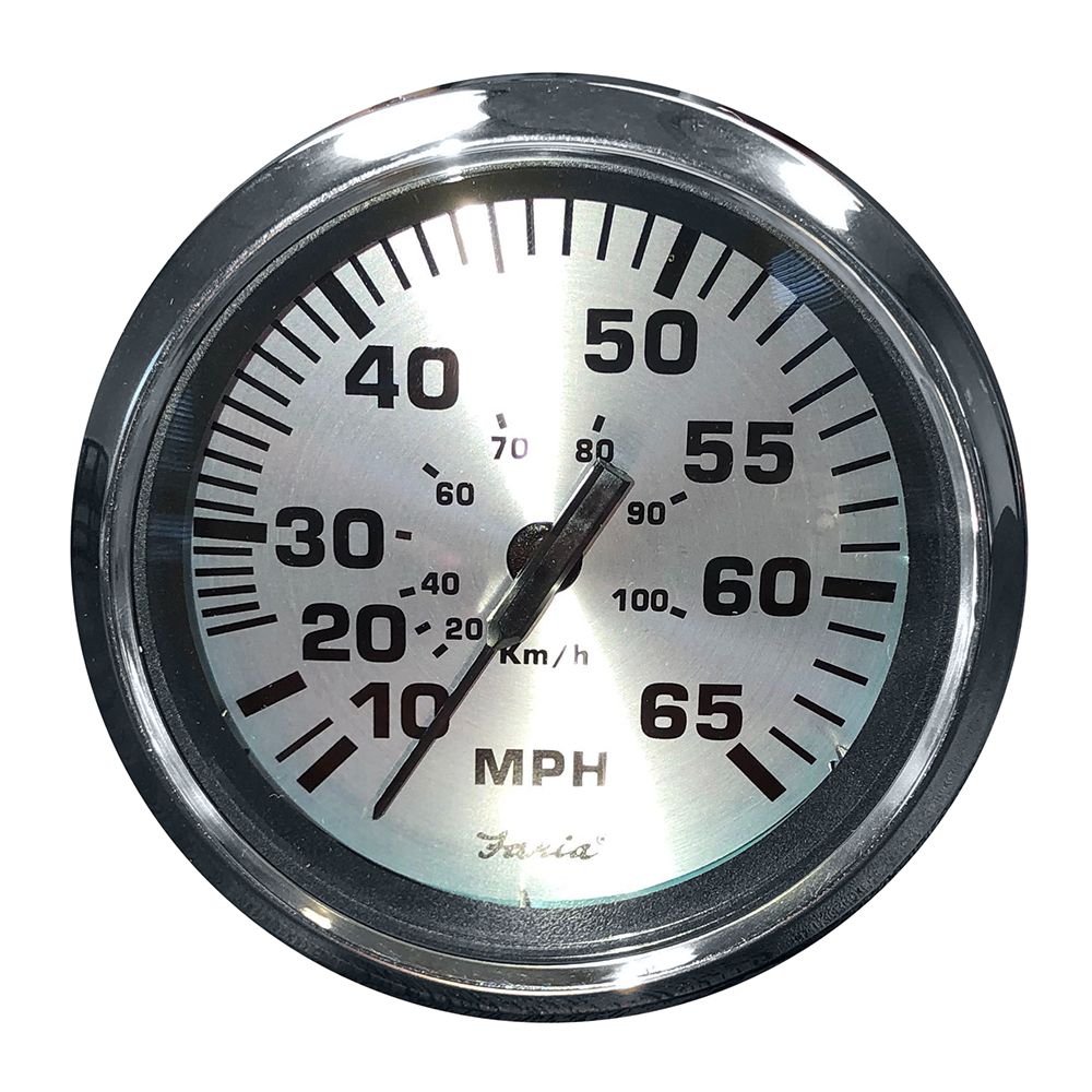 Image 1: Faria Spun Silver 4" Speedometer - 65 MPH (Pitot)