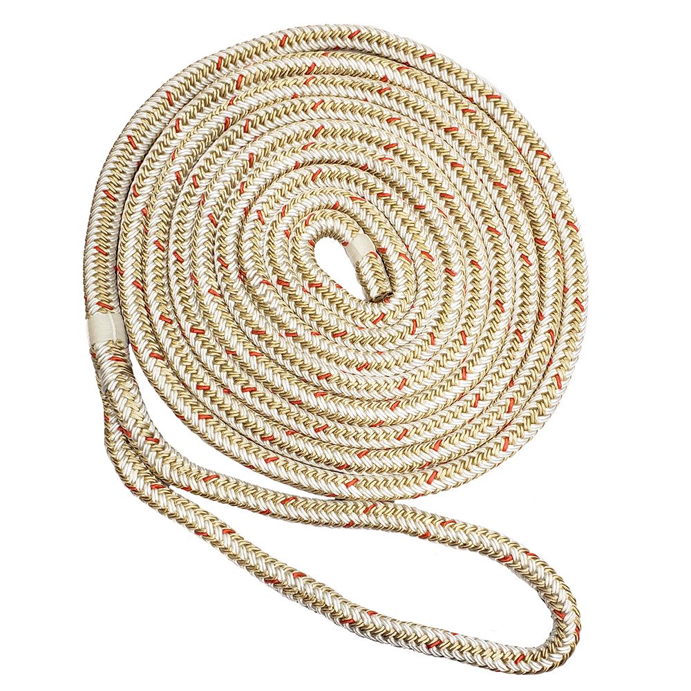 Image 1: New England Ropes 3/8" Double Braid Dock Line - White/Gold w/Tracer - 25'