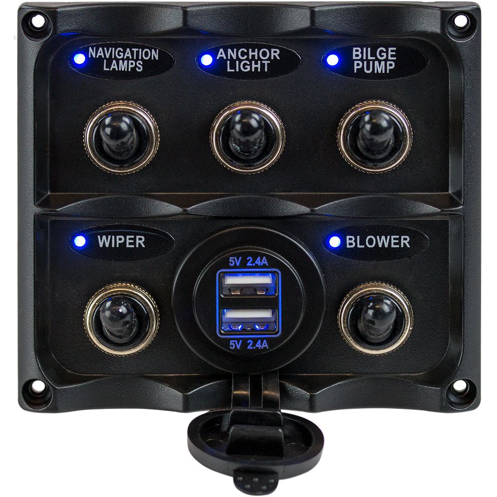 Image 1: Sea-Dog Water Resistant Toggle Switch Panel w/USB Power Socket - 5 Toggle