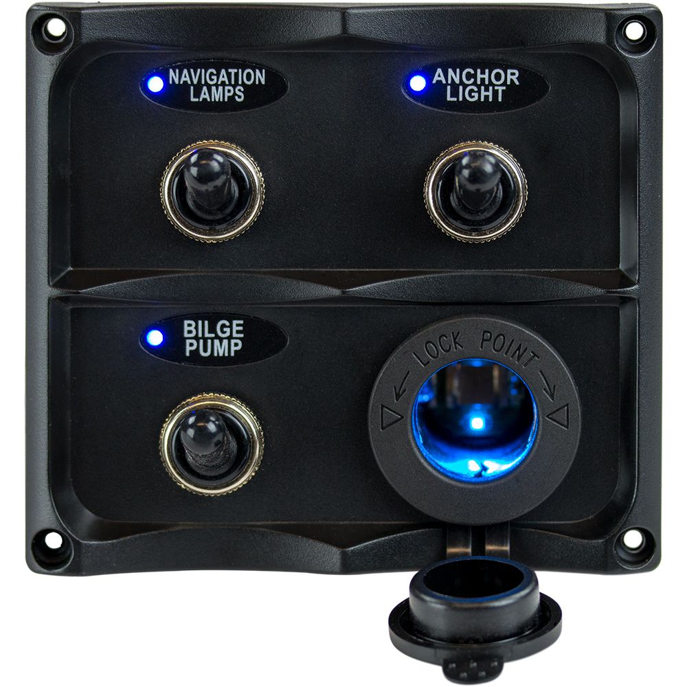 Image 1: Sea-Dog Water Resistant Toggle Switch Panel w/LED Power Socket - 3 Toggle