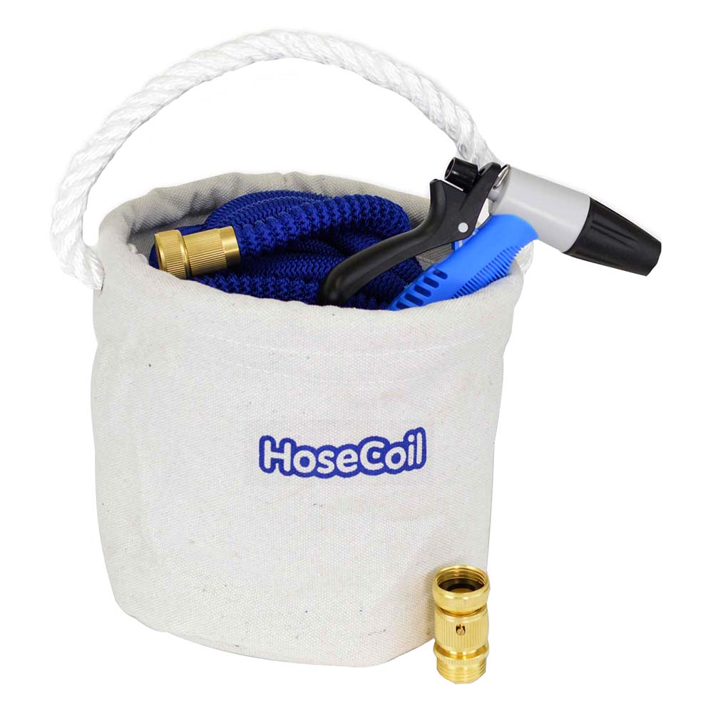 Image 1: HoseCoil Canvas Bucket w/75' Expandable Hose, Rubber Tip Nozzle & Quick Release
