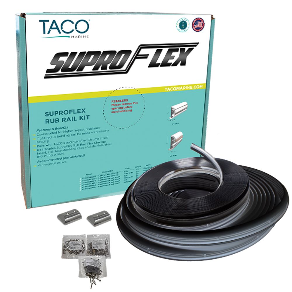 Image 1: TACO SuproFlex Rub Rail Kit - Black w/Flex Chrome Insert - 1.6"H x .78"W x 60'L