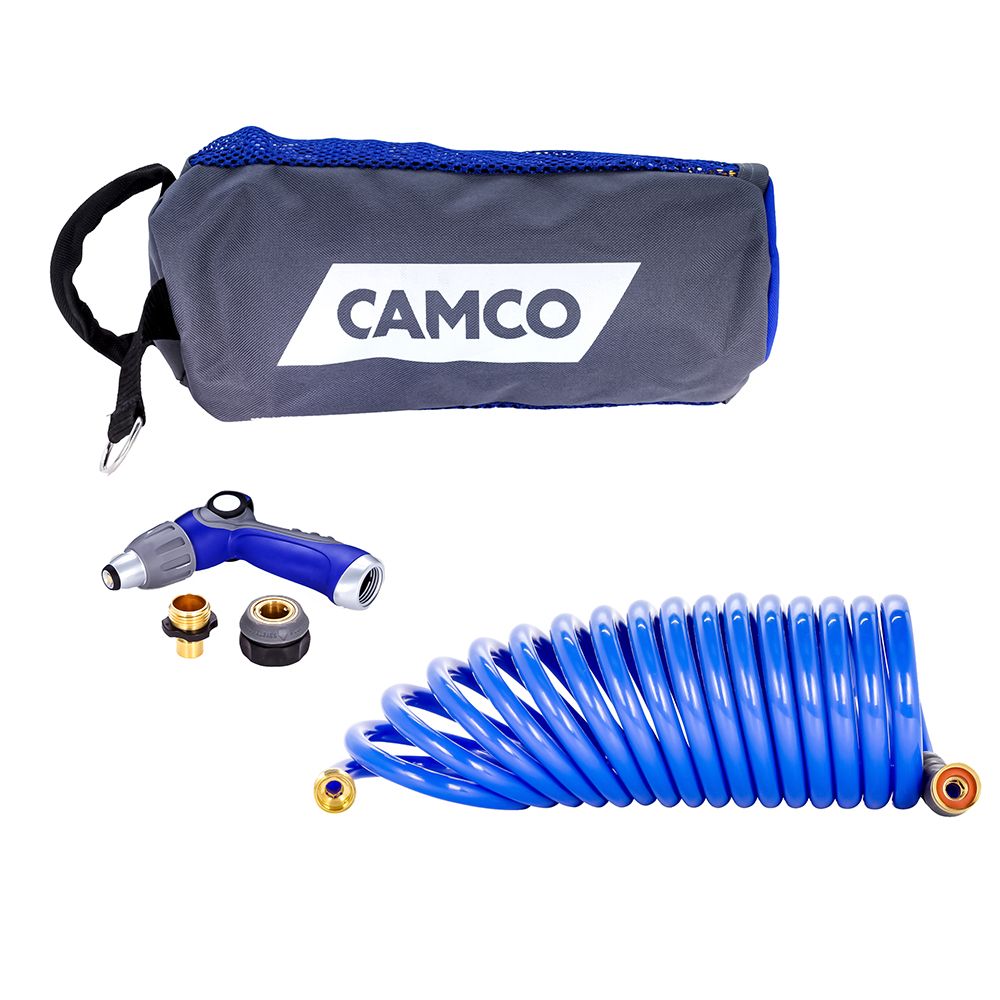 Image 1: Camco 20' Coiled Hose & Spray Nozzle Kit