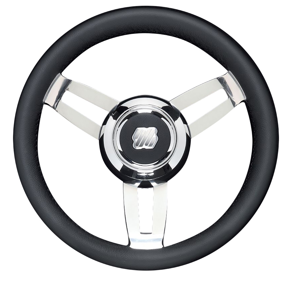 Image 1: Uflex Morosini 13.8" Steering Wheel - Black Polyurethane w/Stainless Steel Spokes & Chrome Hub
