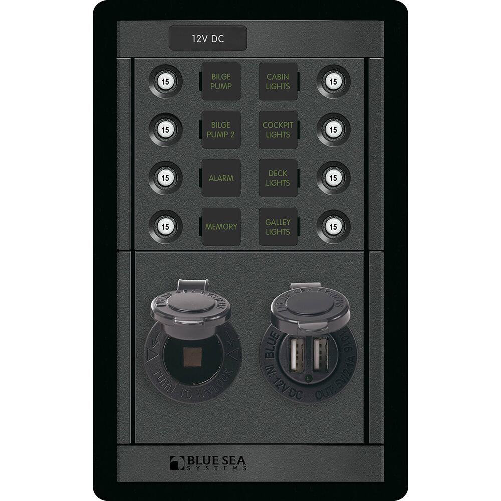 Image 1: Blue Sea 1498 - 360 Panel - 8 Position 12V Panel w/Dual USB & 12V Socket