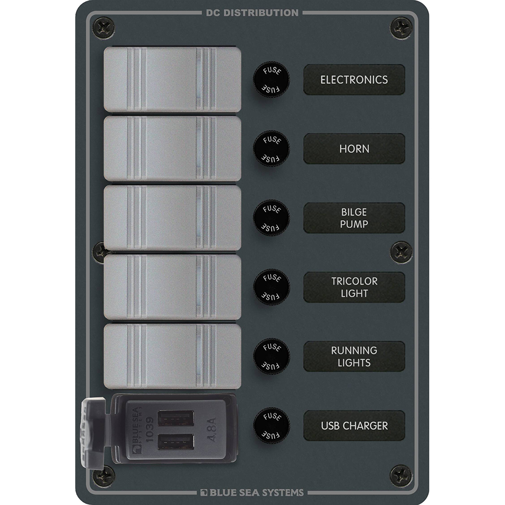 Image 1: Blue Sea 8121 - 5 Position Contura Switch Panel w/Dual USB Chargers - 12/24V DC - Black