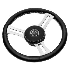 Image 1: Schmitt Marine Torcello Elite 14" Wheel - Black Leather & Cap - White Stitching - Polished SS Spokes - 3/4" Tapered Shaft