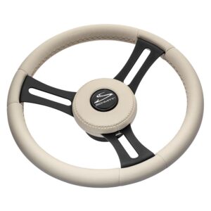Image 1: Schmitt Marine Torcello Elite 14" Wheel - Beige Leather & Cap - White Stitching - Black SS Spokes - 3/4" Tapered Shaft