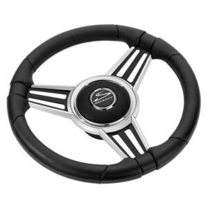 Image 1: Schmitt Marine PU30 14" Wheel - Chrome Cap & Spoke Inserts - Black Spokes - 3/4" Tapered Shaft