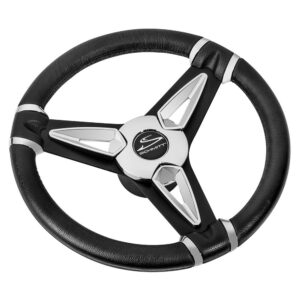 Image 1: Schmitt Marine PU50 14" Wheel - Chrome Cap & Spoke Inserts - Black Spokes - 3/4" Tapered Shaft