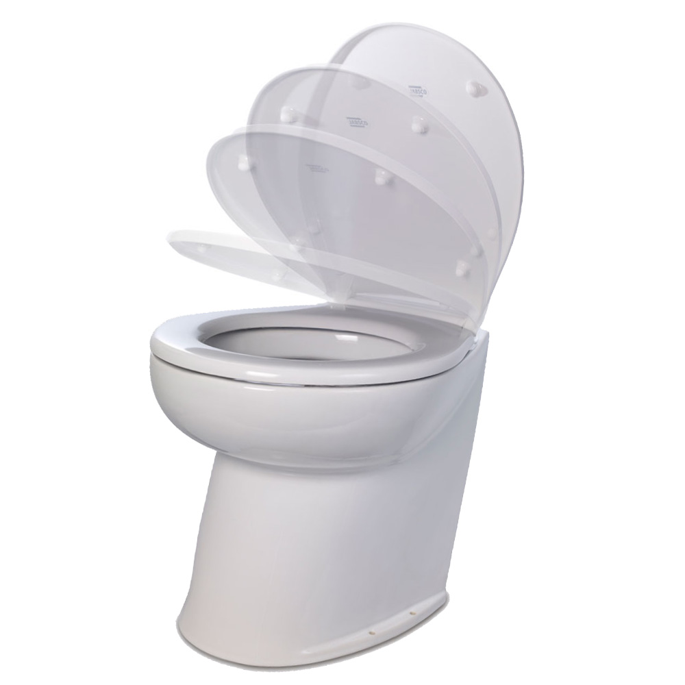 Image 1: Jabsco Deluxe Flush 17" Angled Back 12V Freshwater Electric Marine Toilet w/Solenoid Valve & Soft Close Lid