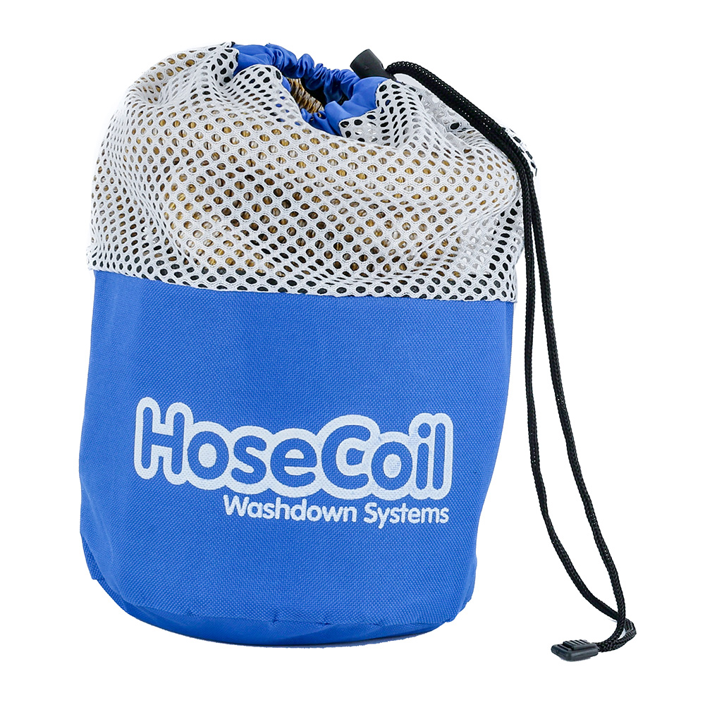 Image 4: HoseCoil 25' Expandable PRO w/Brass Twist Nozzle & Nylon Mesh Bag - Gold/White